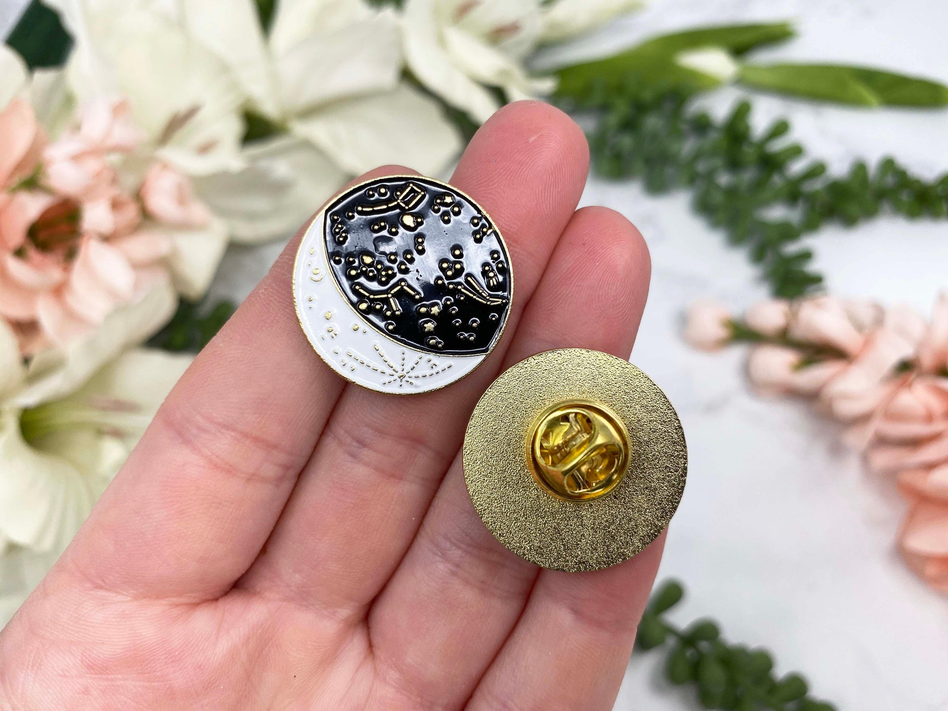 Black, White and Gold Moon Enamel Lapel Pin Set with Back