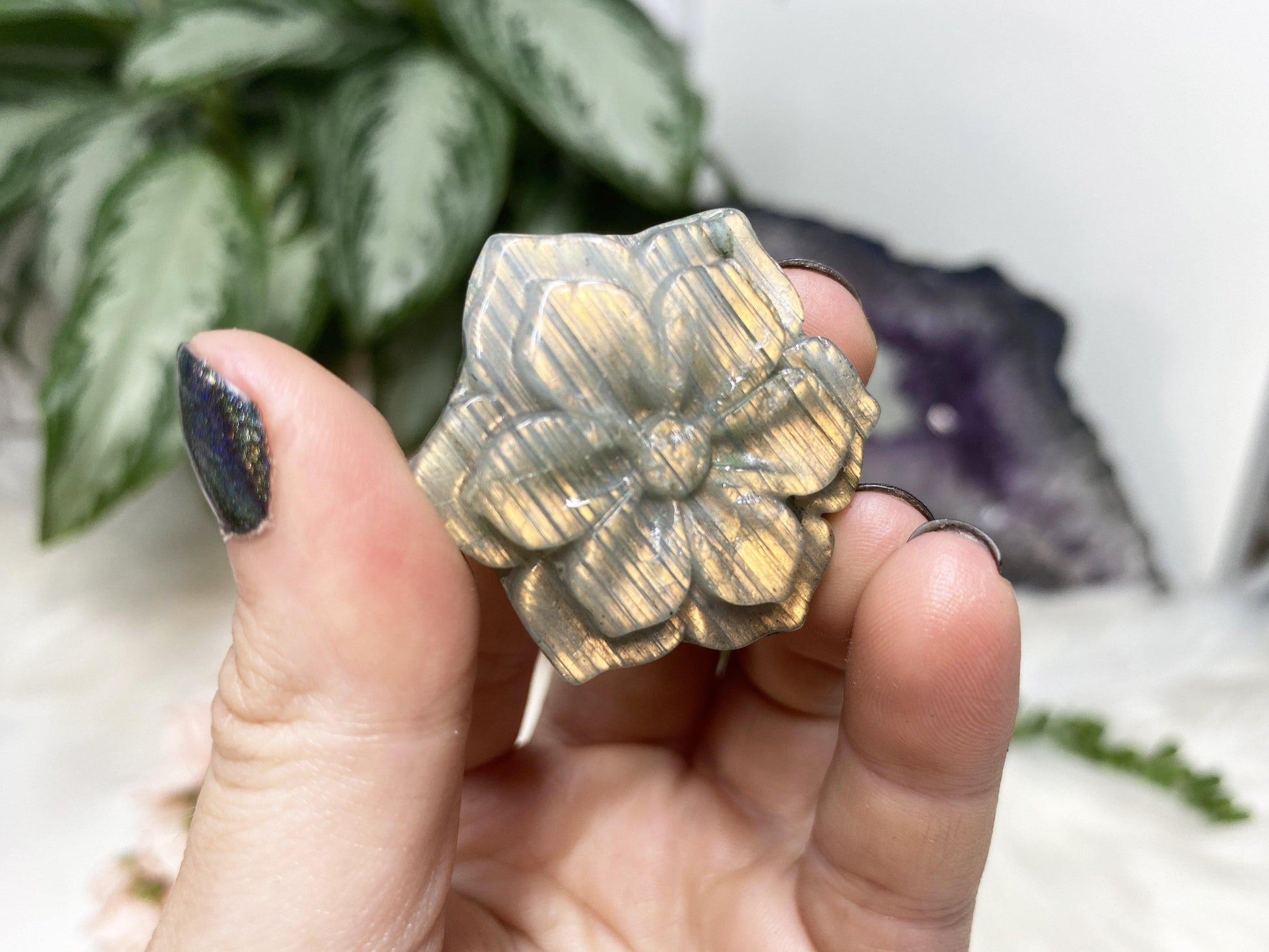 Labradorite flower in hand