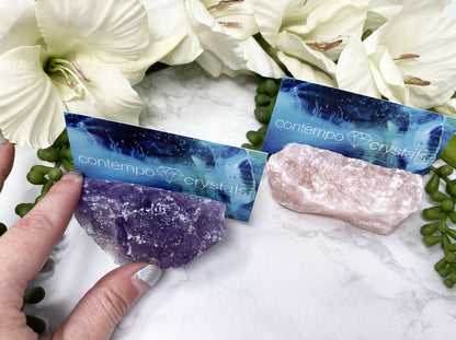 Crystal Business Card Holders from Contempo Crystals. Rose Quartz and Amethyst.