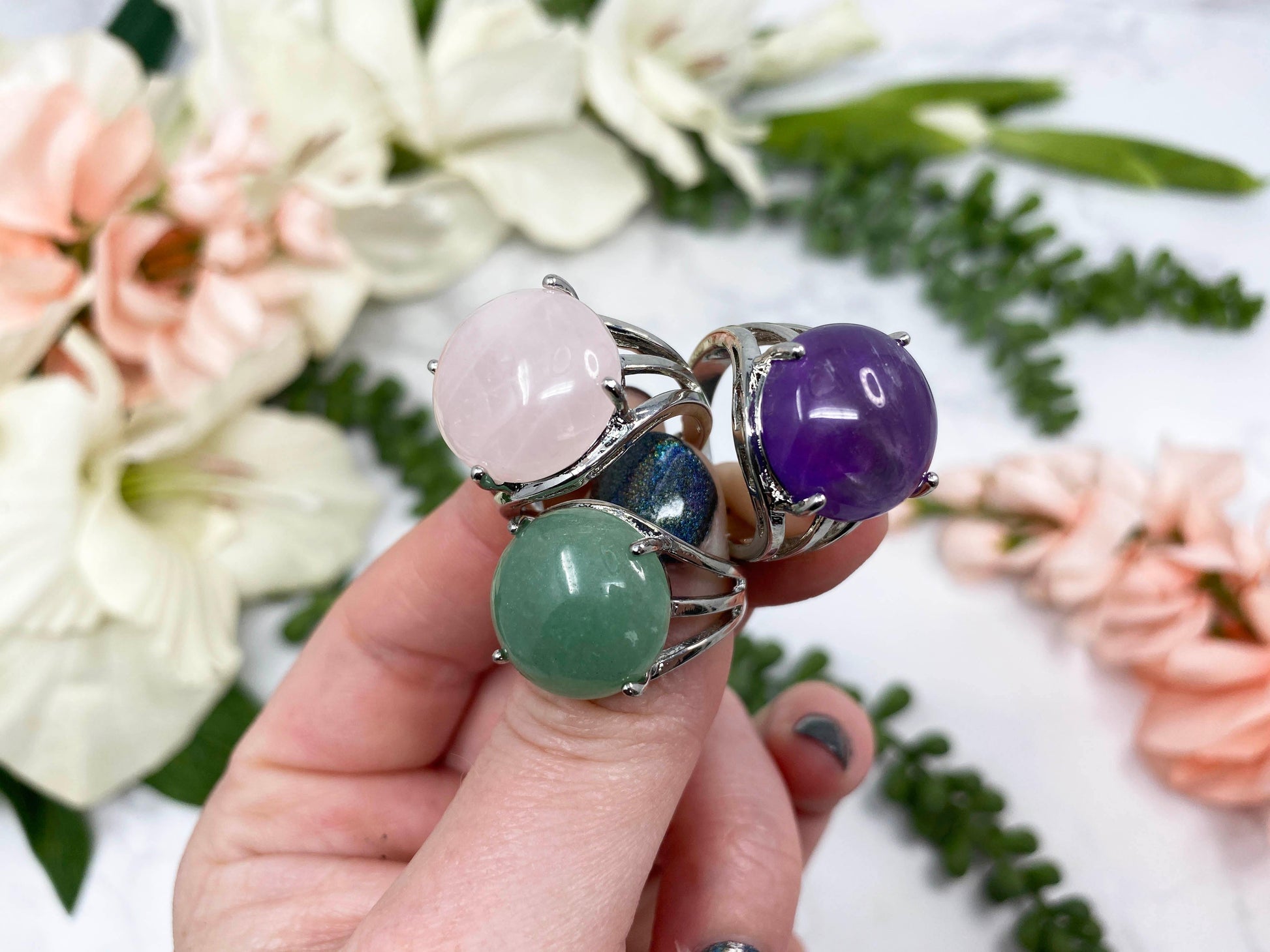 Adjustable Gemstone Rings Just for Fun! Available in Amethyst, Green Aventurine, Rose Quartz, Obsidian, and Clear Quartz