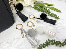 Load image into Gallery: Contempo Crystals - Carry your protective energies with you in style with this fashionable Quartz keychain! Made of vegan leather and vegan fur with little gold colored metal accents (gray has some silver accents) - Image 3
