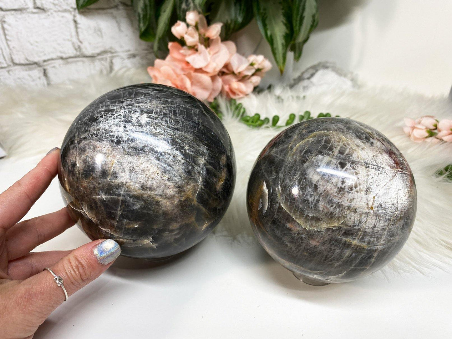 Large black moonstone flash crystal spheres