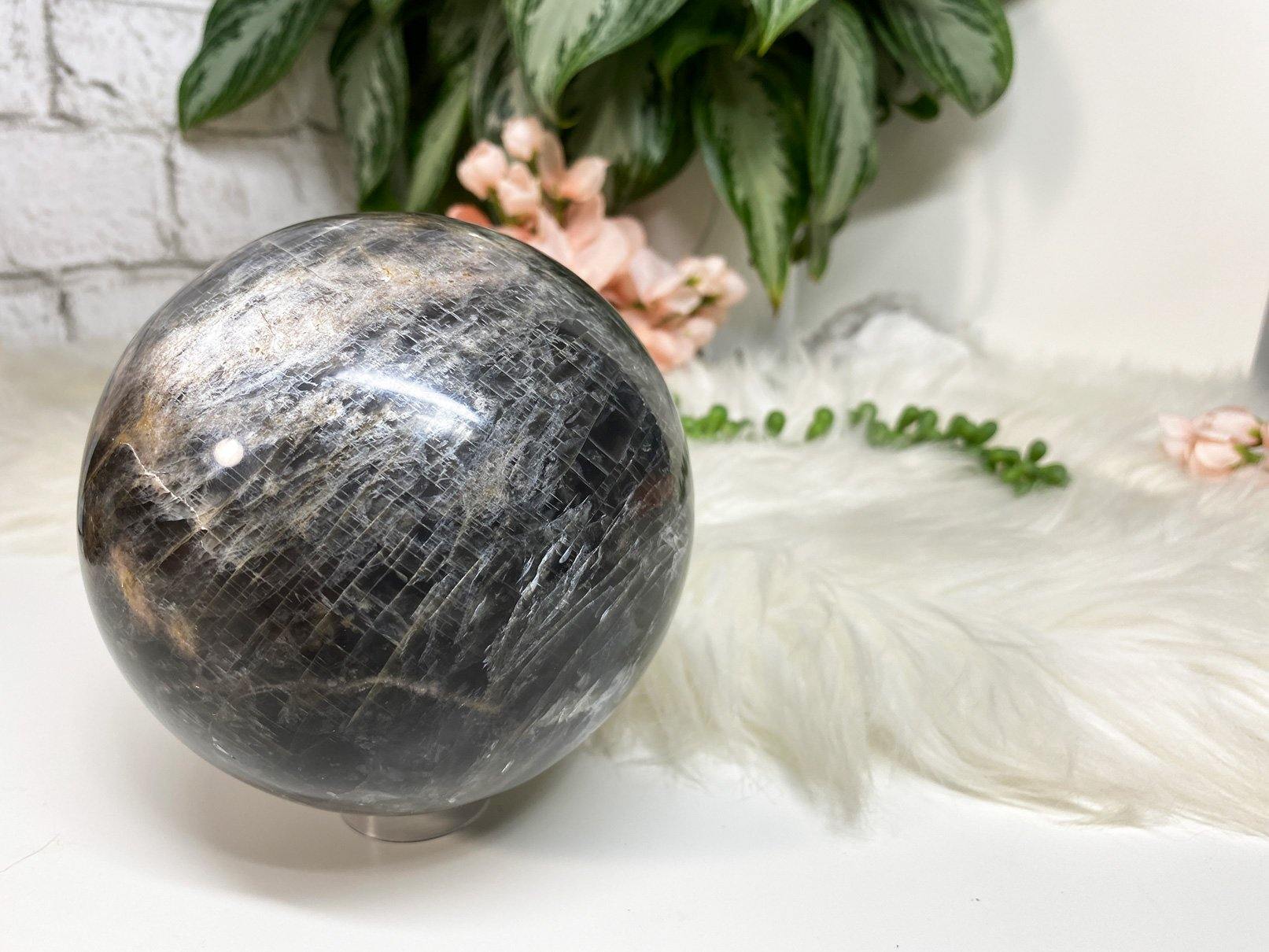 Large black moonstone flash crystal sphere