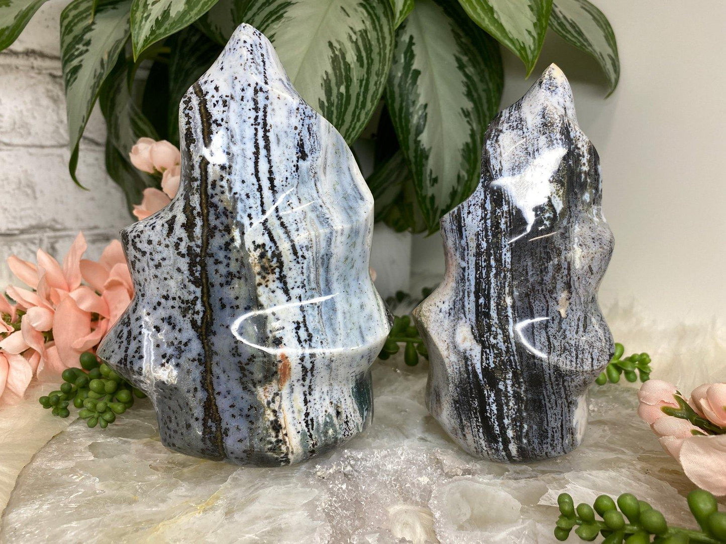 Large ocean jasper crystal flame with black gray coloring