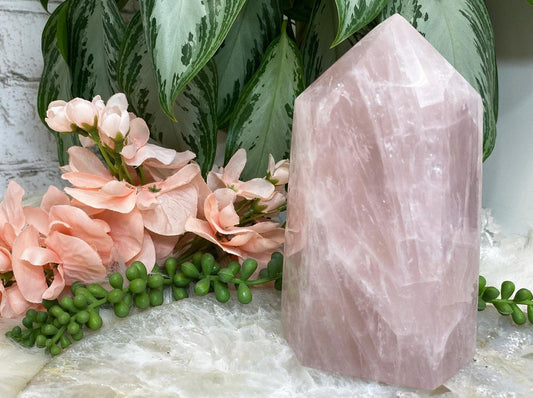 large pink rose quartz crystal tower