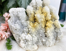 Load image into Gallery: Contempo Crystals - Large white apophyllite chalcedony crystal cluster with yellow iron - Image 4