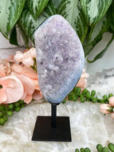 Load image into Gallery: Contempo Crystals - Purple-Amethyst-Cluster-Black-Edge-Agate-Geode-Crystal-Clusters-Display-on-metal-stand - Image 5
