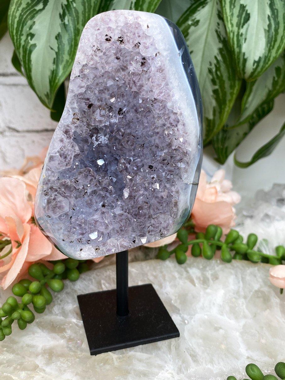Lavender-Amethyst-Cluster-Agate-Geode-Crystal-Clusters-Display-on-metal-stand