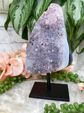 Load image into Gallery: Contempo Crystals - Purple-Amethyst-Cluster-Black-Edge-Agate-Geode-Crystal-Clusters-Display-on-metal-stand - Image 4