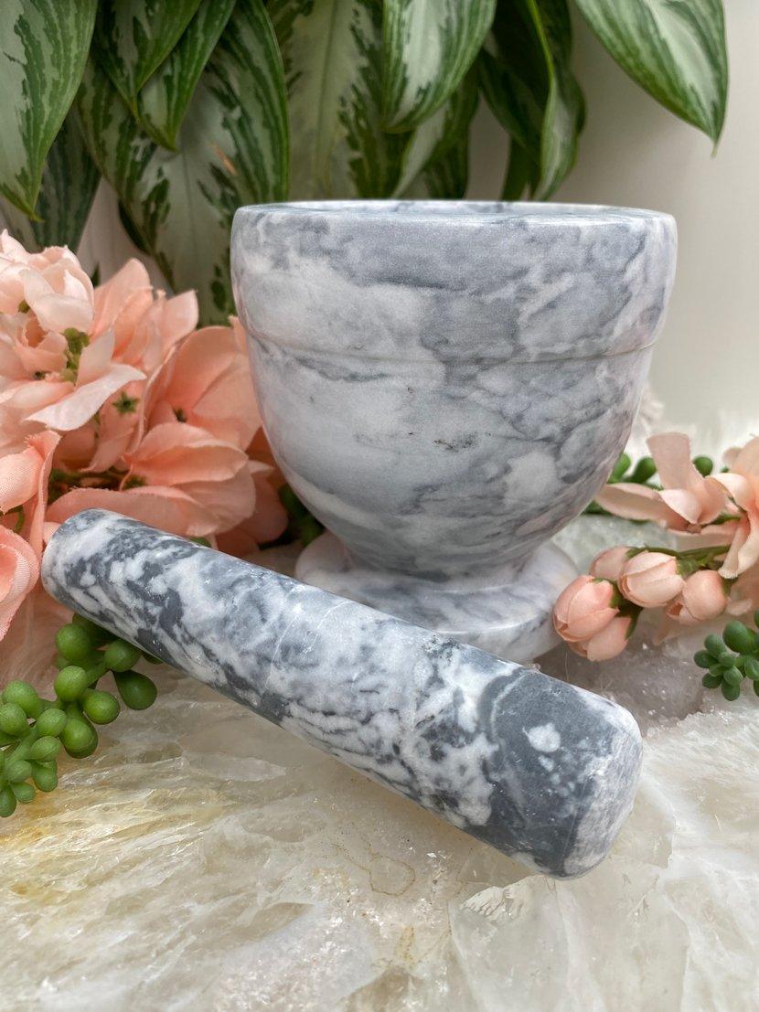 MArble-Gray-Mortar-PEstle-Grinding-Set-for-SAle