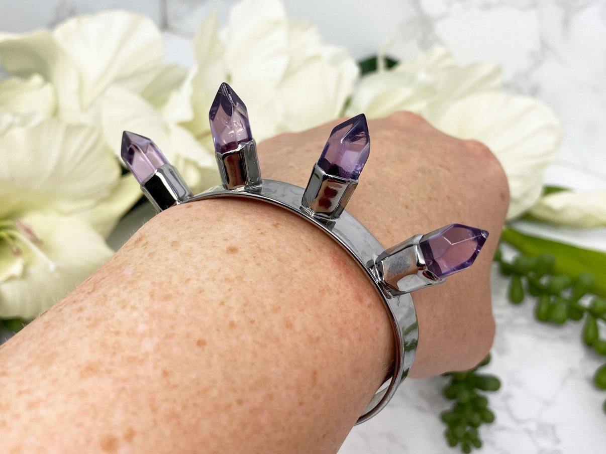 Natural purple amethyst crystal point cuff bracelet for sale.
