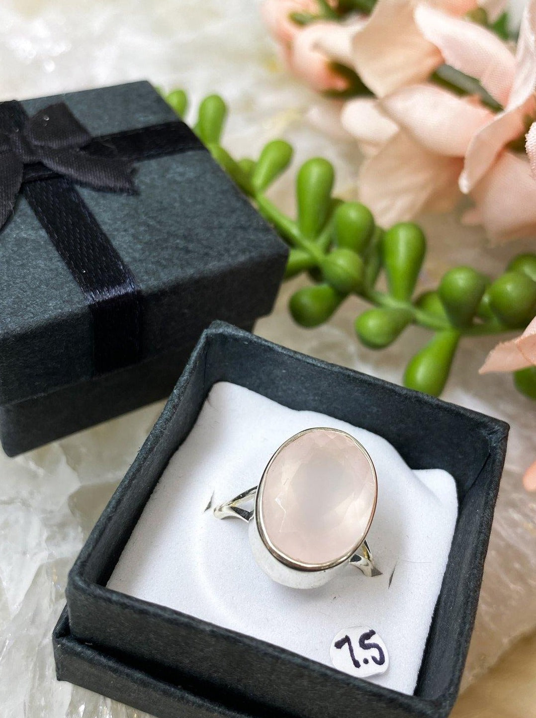 Faceted-Rose-Quartz-Crystal-Rings-Oval-Pear-Sterling-Silver-Band