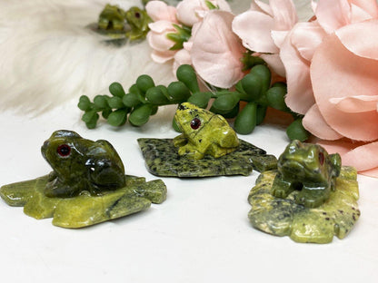 Peruvian green serpentine crystal carved frogs