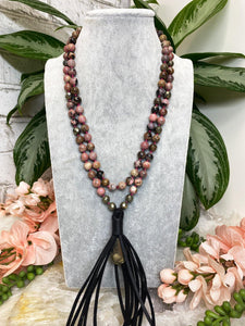 Contempo Crystals - Pink-Black-Rhodonite-Beaded-Vegan-Leather-Tassel-Mala-Necklace - Image 7