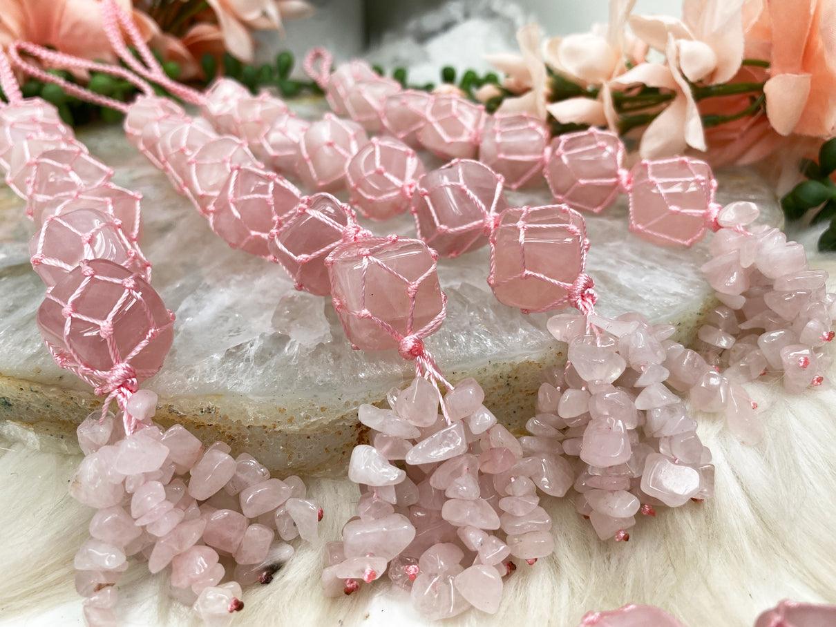 Pink-Woven-Tumbled-Rose-Quartz-Hanging-for-Sale
