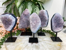 Load image into Gallery: Contempo Crystals - Purple-Amethyst-Black-Gray-Chalcedony-Geode-Crystal-Clusters-0n-metal-stands - Image 8