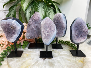 Contempo Crystals - Purple-Amethyst-Black-Gray-Chalcedony-Geode-Crystal-Clusters-0n-metal-stands - Image 7