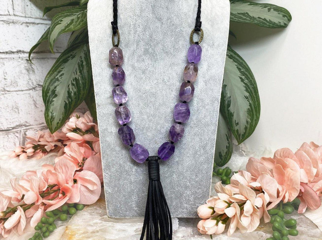 Contempo Crystals - Purple-Amethyst-Faceted-Bead-Black-Vegan-Leather-Tassel-Braided-Crystal-Necklace - Image 1