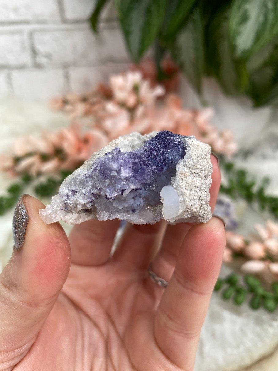 Purple-Fluorite-Spirit-Flower-Geode-with-White-Chalcedony