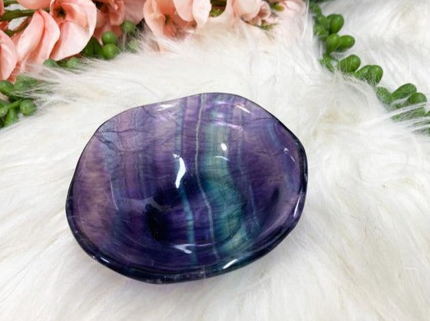 Purple green china fluorite crystal dish left
