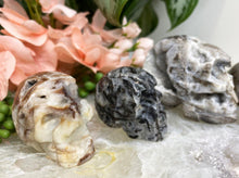 Load image into Gallery: Contempo Crystals - These adorable and unique skull carvings are Druzy Quartz mixed with Sphalerite. - Image 1