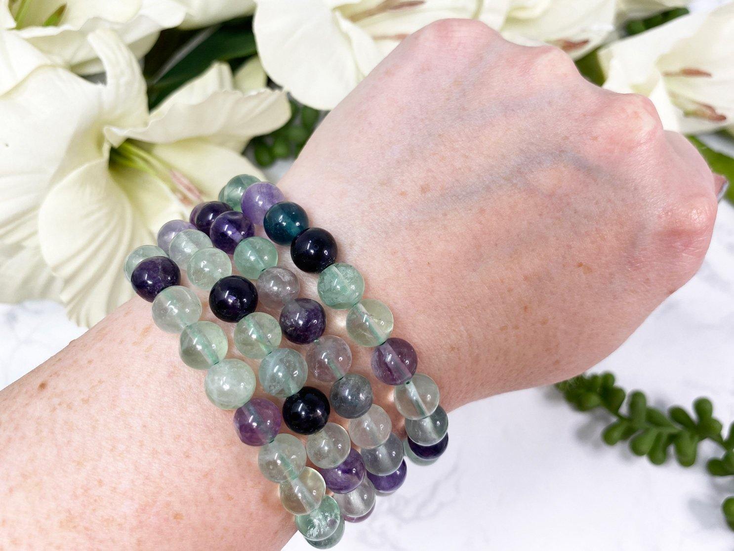 Natural Colorful Fluorite Quartz Carved Beads Bracelet 10x10mm
