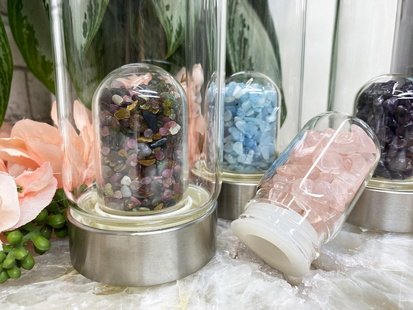 Rainbow-Tourmaline-Rose-Quartz-Crystal-Chip-Glass-Crystal-Water-Bottles