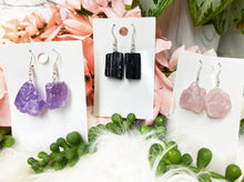 Load image into Gallery: Contempo Crystals -    Raw-Purple-Amethyst-Pink-Rose-Quartz-Black-Tourmaline-Crystal-Earrings - Image 1