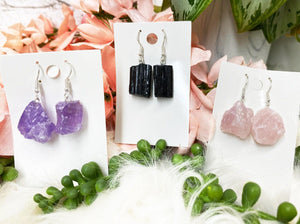 Contempo Crystals -    Raw-Purple-Amethyst-Pink-Rose-Quartz-Black-Tourmaline-Crystal-Earrings - Image 1