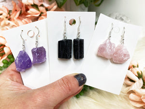 Contempo Crystals -    Raw-Purple-Amethyst-Pink-Rose-Quartz-Black-Tourmaline-Crystal-Earrings - Image 3