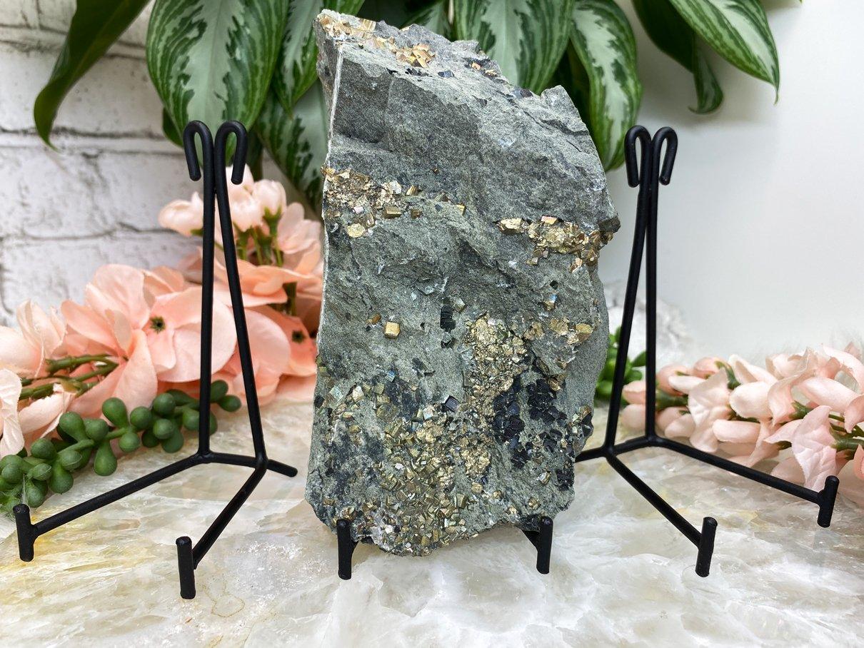 Small-Black-Metal-Easel-Stand-for-Crystals-with-Pyrite-Basalt