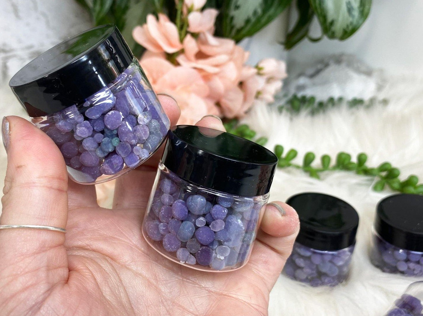 Grape agate jars with small purple chalcedony grape agate crystal balls