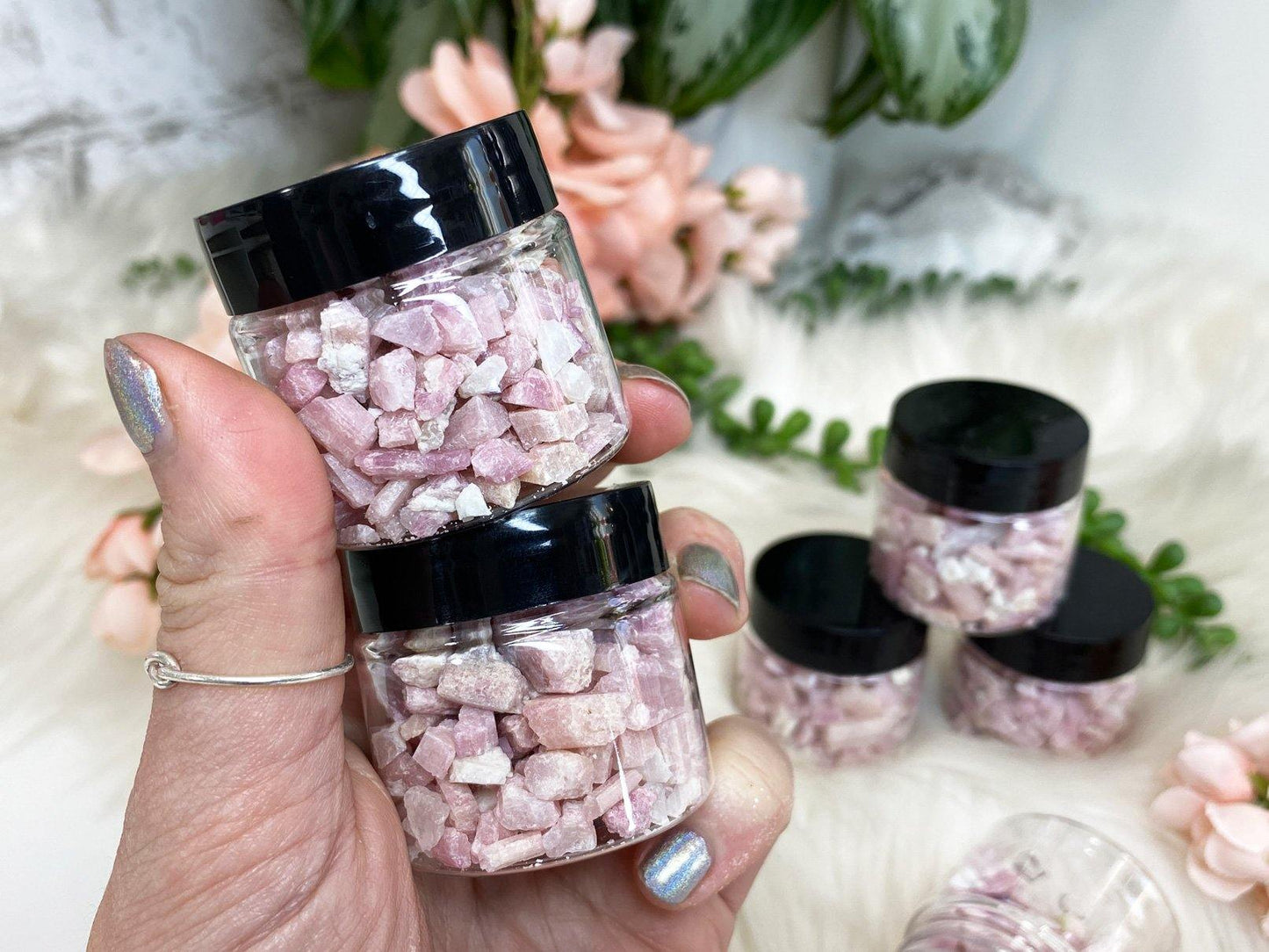 small raw pink tourmaline crystal jars