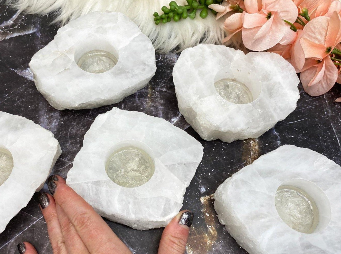 small white quartz crystal candle holders