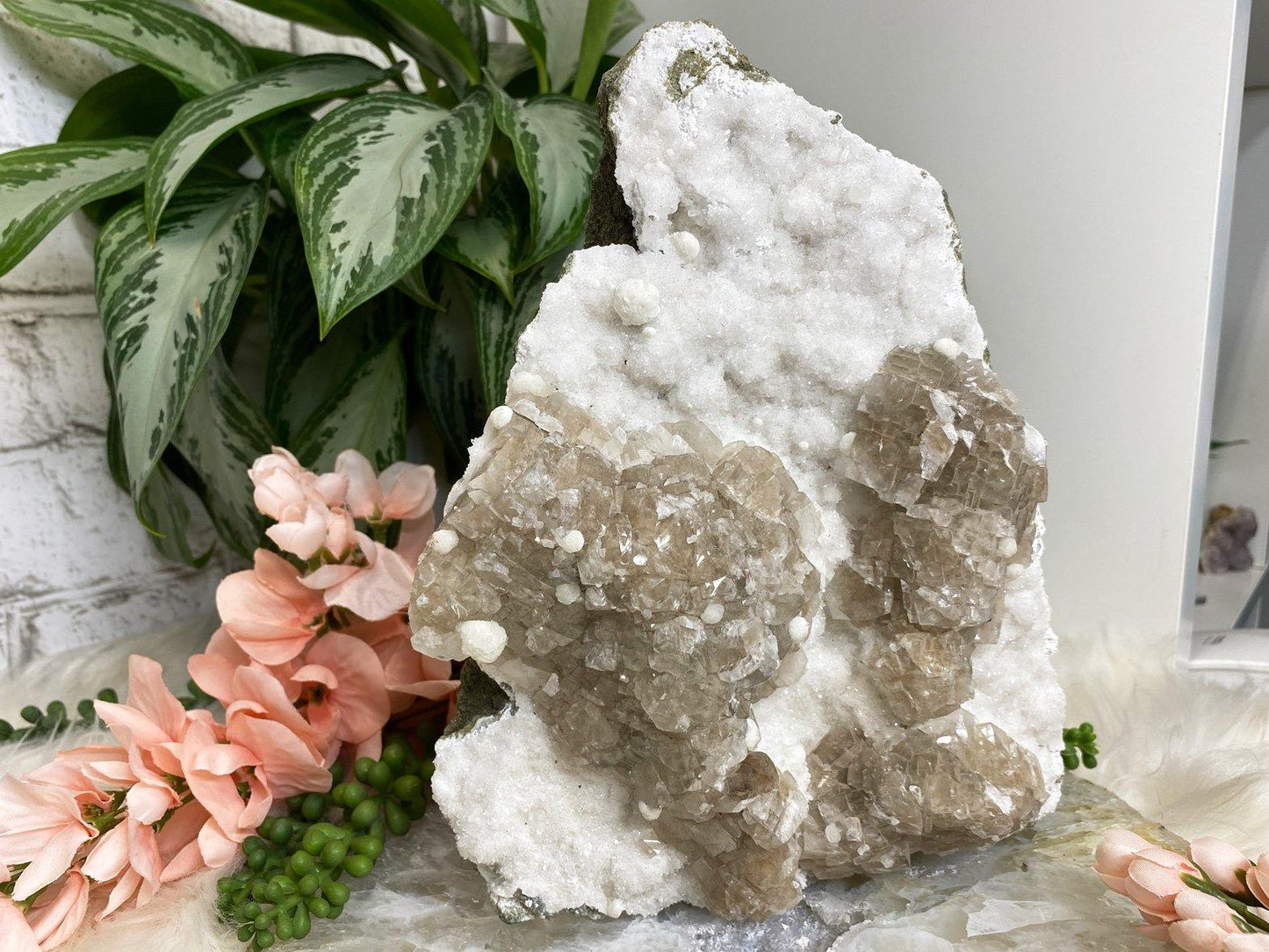 Standing apophyllite calcite mineral specimen