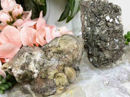 Tan green lodolite crystal clusters from contempo crystals