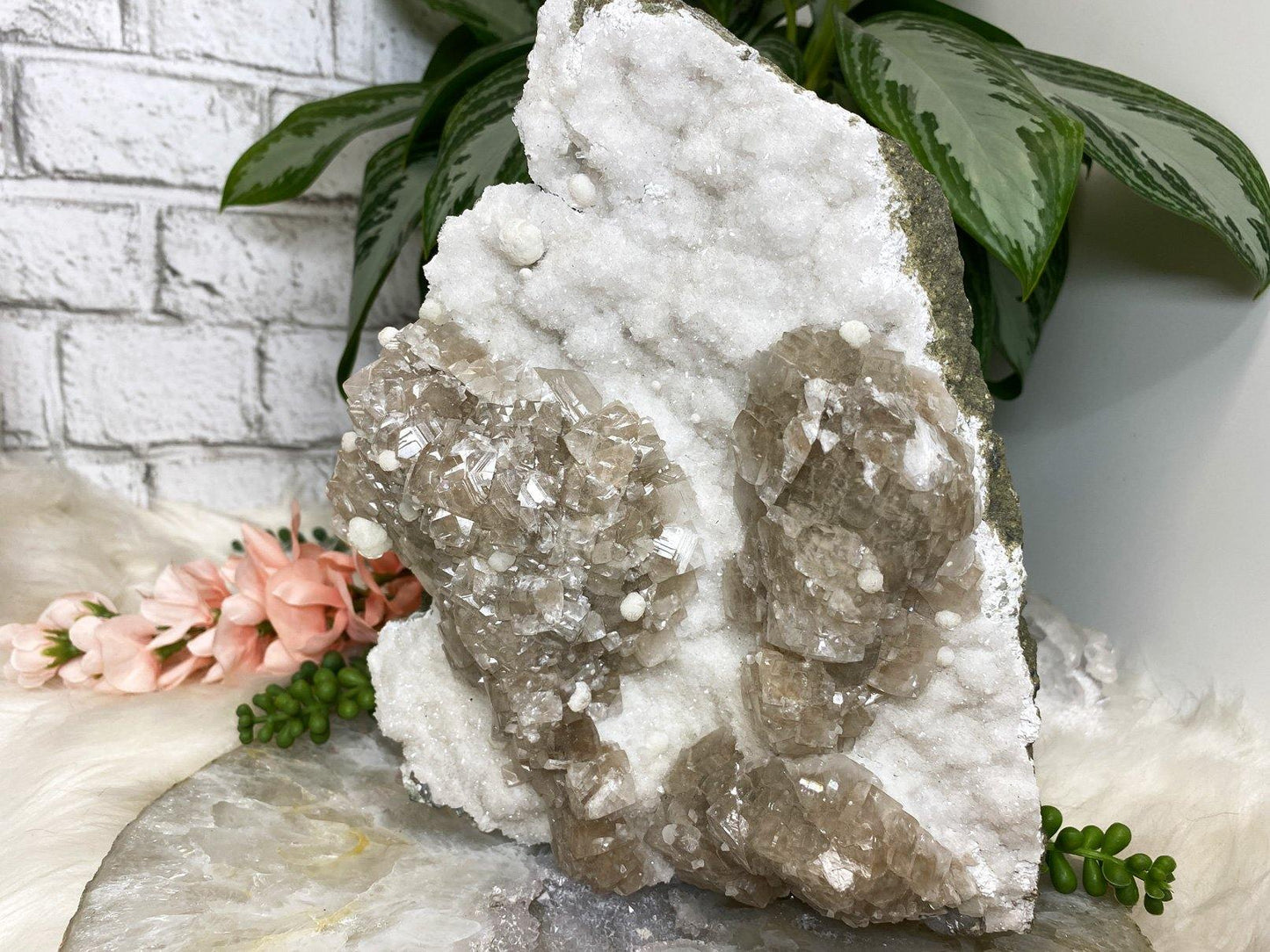 White apophyllite tan calcite mordenite crystal cluster