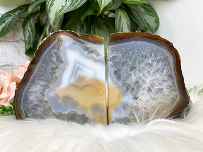 Natural Gray Yellow White Chalcedony Agate Crystal Bookend for Home Decor