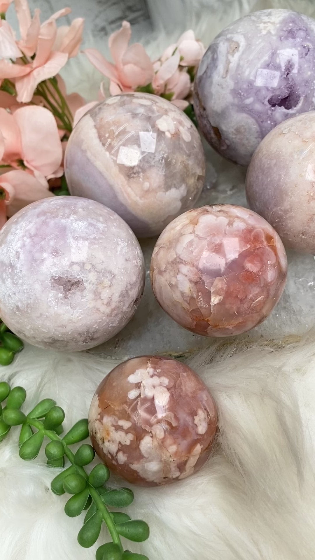 Amazing Pink Flower Agate Sphere selling with Pyrite Banding Flowers Orbs