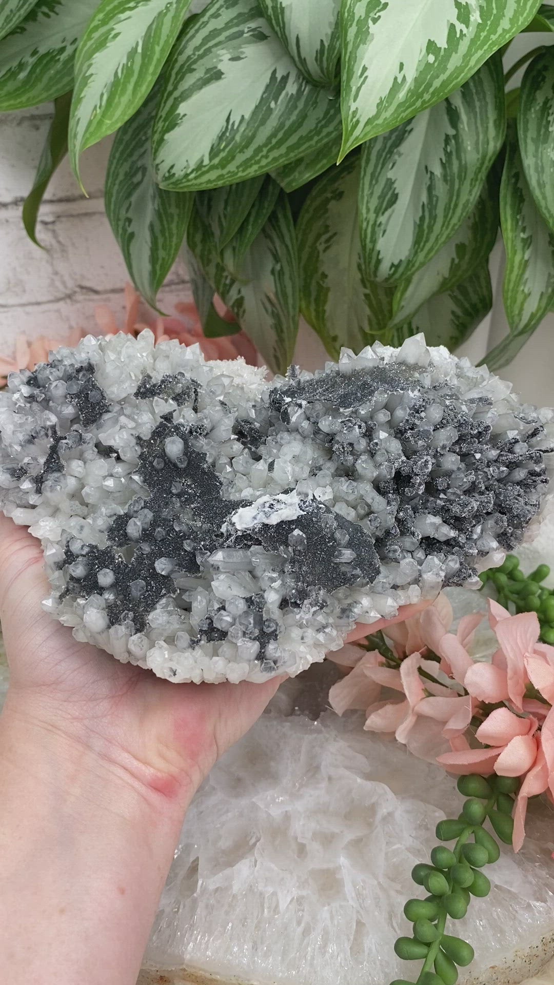 Large-Dalnegorsk-Quartz-Cluster-with-Gray-Hematite-Sphalerite-Video