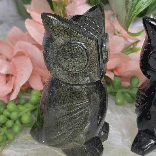 Gold sheen obsidian crystal owl carving video