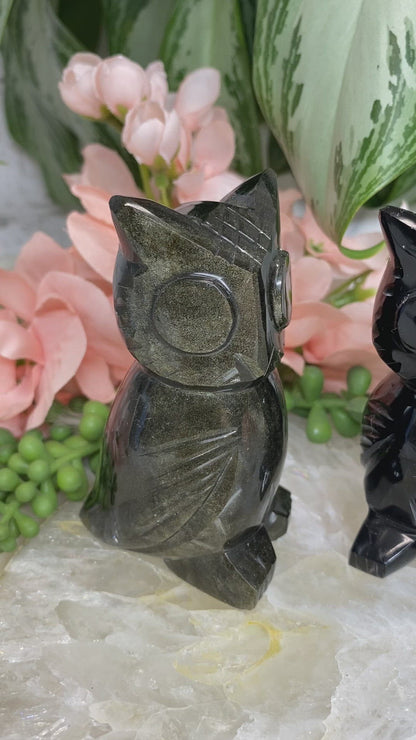 Gold sheen obsidian crystal owl carving video