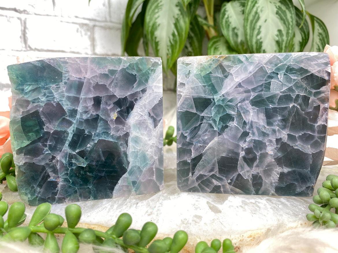 Purple store fluorite bookends triangular