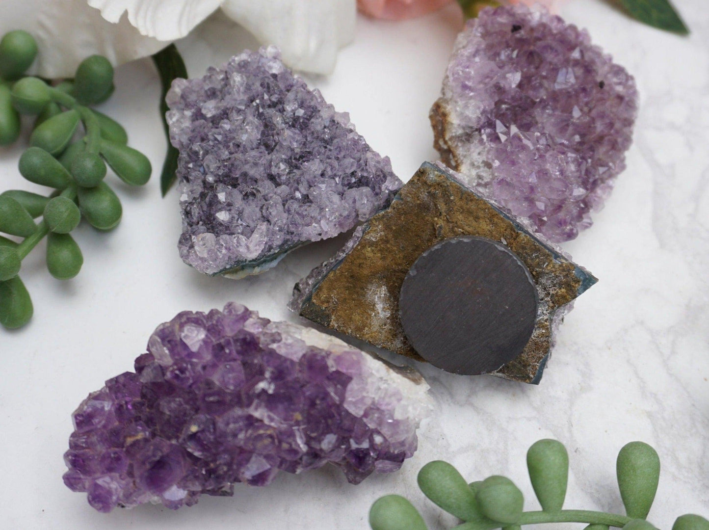 Amethyst Crystal Magnets with beautiful purple front and natural back. Helping to promote a restful night of sleep.