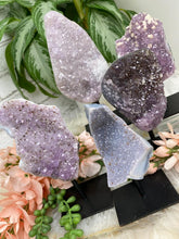 Load image into Gallery: Contempo Crystals - purple-amethyst-clusters-on-black-stands - Image 4