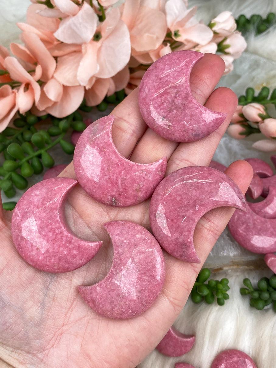 Vibrant Pink Rhodonite Moon Crystals for Sale