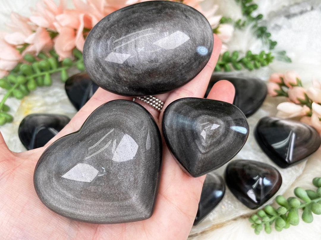 Contempo Crystals - silver-obsidian-hearts-palm-stones - Image 1
