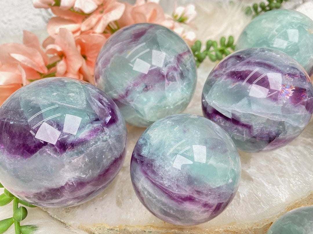 Spherical Mints Mint Green Blue and Purple Fluorite Spheres For Sale!